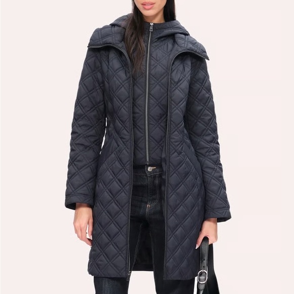 Tahari Quilted Puffer Jacket Blue Hooded Zip Coat Size XL NWT